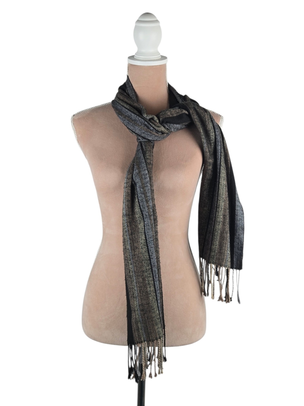 100% Cashmere Striped Scarf Made in Scotland Fringe Grey Black Tan